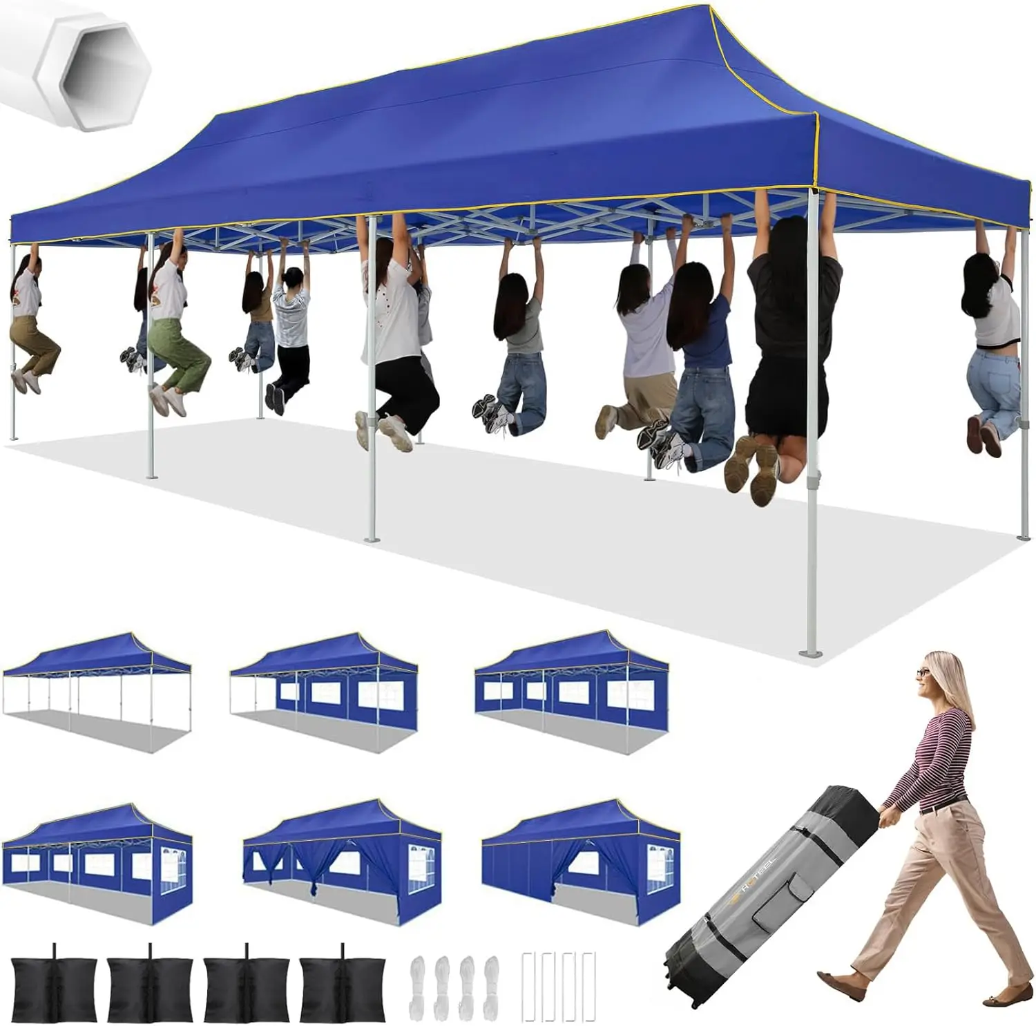 

Canopy Tent Heavy Duty Pop Up Easy Setup 10x30 Hexagonal Frame 8 Sidewalls Outdoor Wedding Event Portable Bag Sand Bags