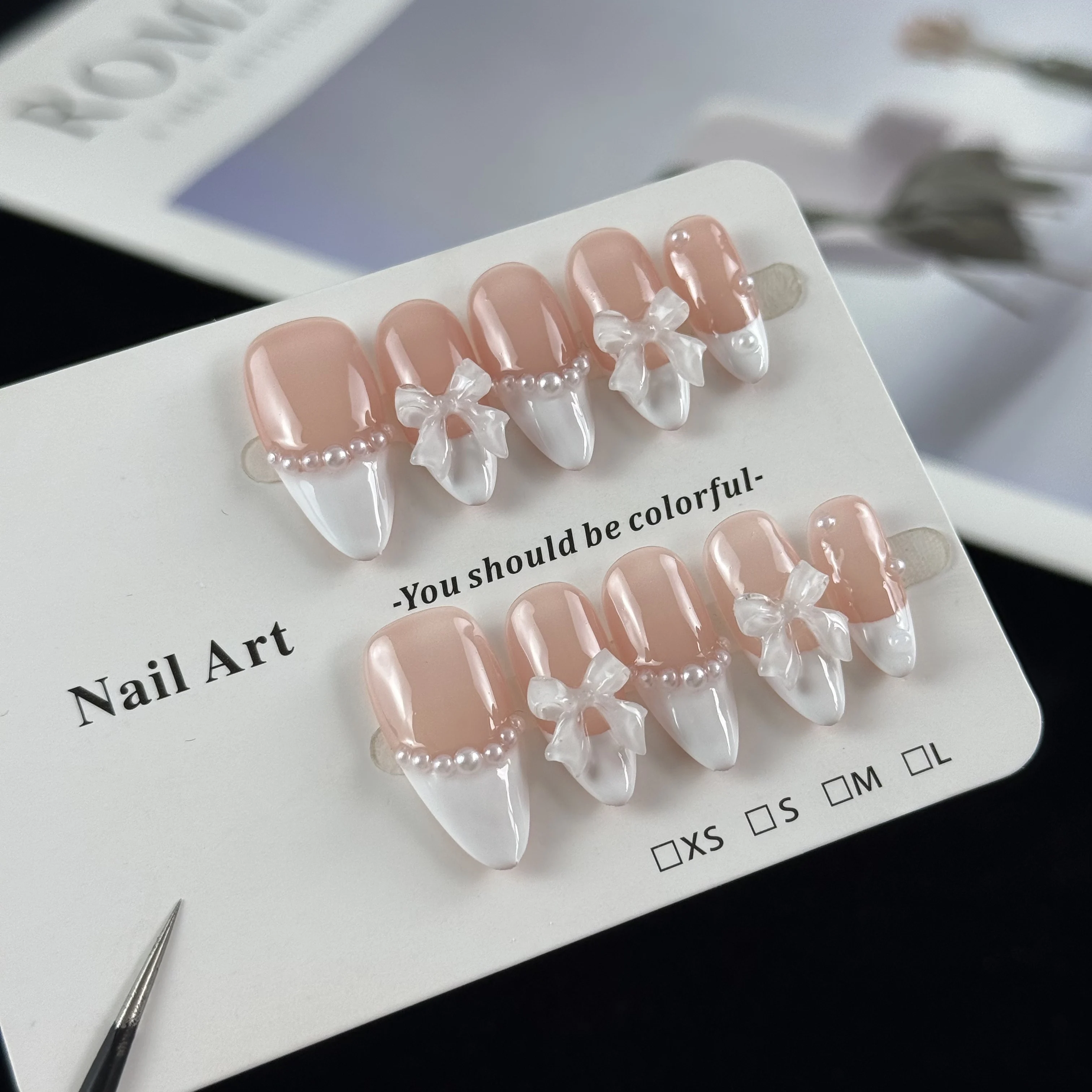 10pcs high-end Simple and elegant style, hand-painted three-dimensional bow, nude color scheme, cute pearls handmade fake nails