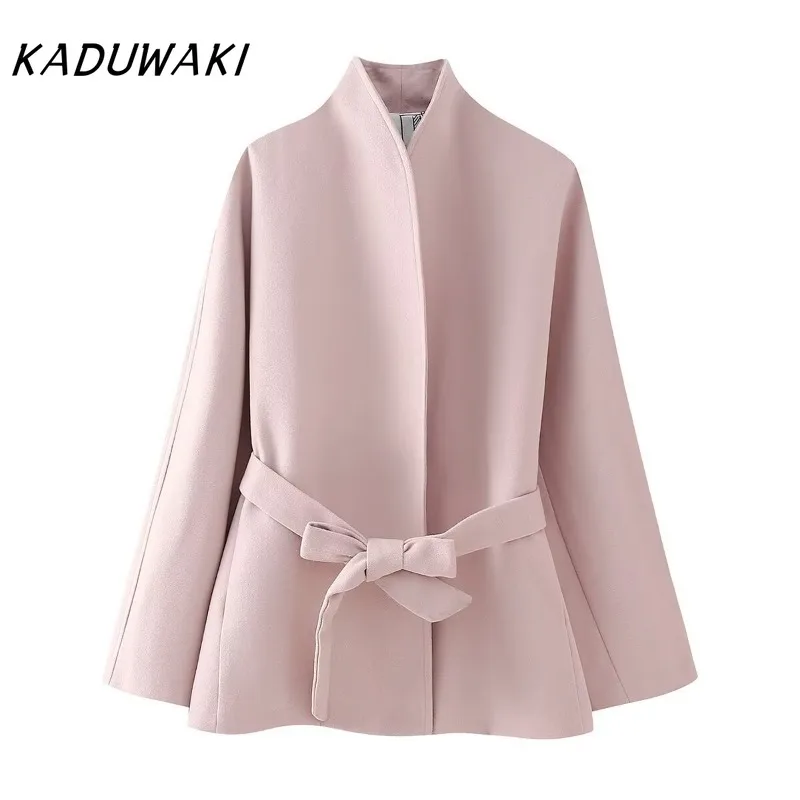 KADUWAK Fall and Winter Classic High Collar Long-sleeved Wool-blend Coat Fashion Retro Lady Style Tie Belt Versatile Jacket 방수자켓