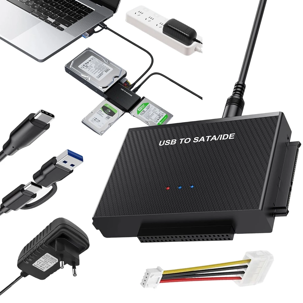 Boîtier de lecteur de carte de disque dur 3.0 vers adaptateur SATA IDE, kit de conversion de données externe IDE SATA vers USB + Type-C, adapté aux boîtiers de disques durs/SSD universels de 2,5/3,5 pouces.