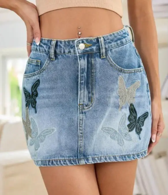 Demi-jupe femme 2025 printemps/été nouvelle mode décontracté mignon doux papillon brodé Cowboy jupe courte vêtements pour femmes