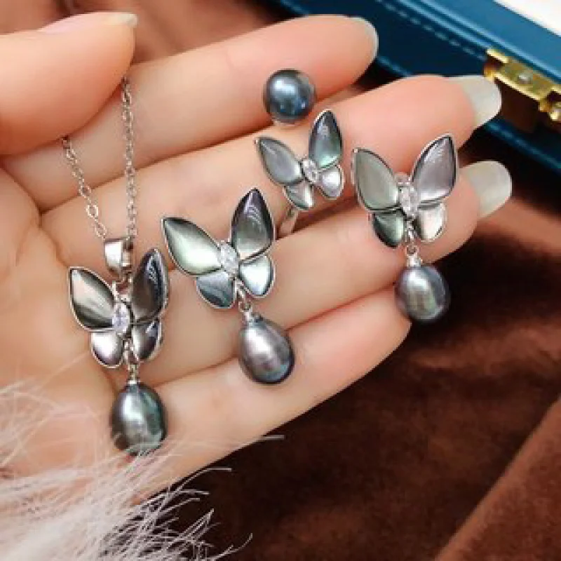 

Новый комплект ювелирных изделий из трех предметов с пресноводным жемчугом и бабочкой, европейская и американская мода, универсальный, модный, трансграничная оптовая продажа