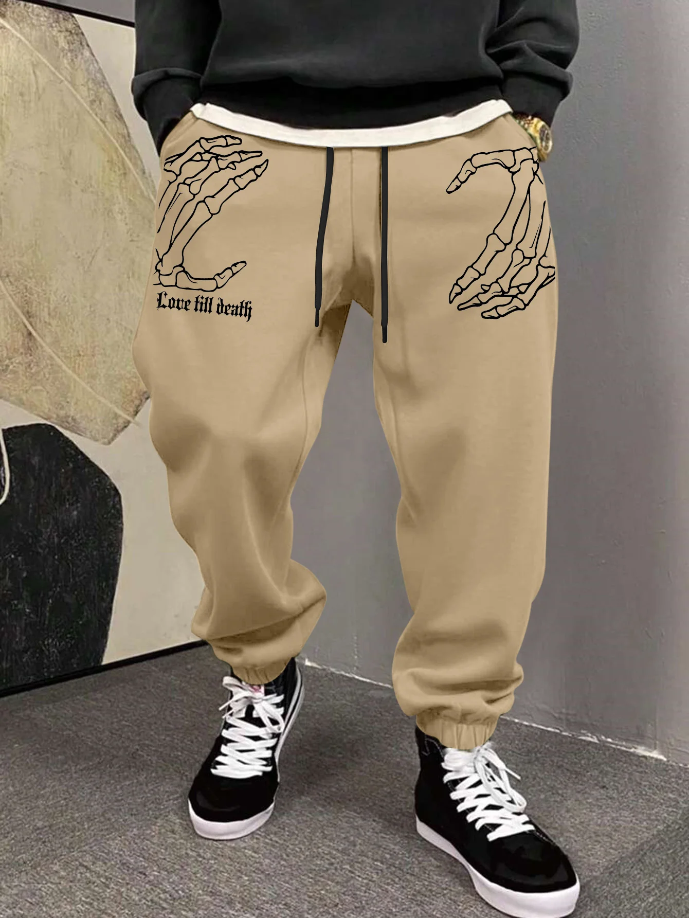 Men's Retro Dark Grunge Bone Graphic Joggers Elastic Cuff Sweatpants Popular Vintage Goth Streetwear Casual Pants