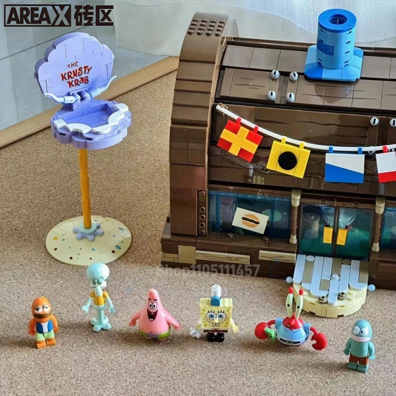 AREA-X Bloques de Construcción de Bob Esponja, Escenas de la Casa de Piña de Krusty Krab y la Casa de Roca de Patrick, Juguetes Ensamblables, Adornos y Regalos