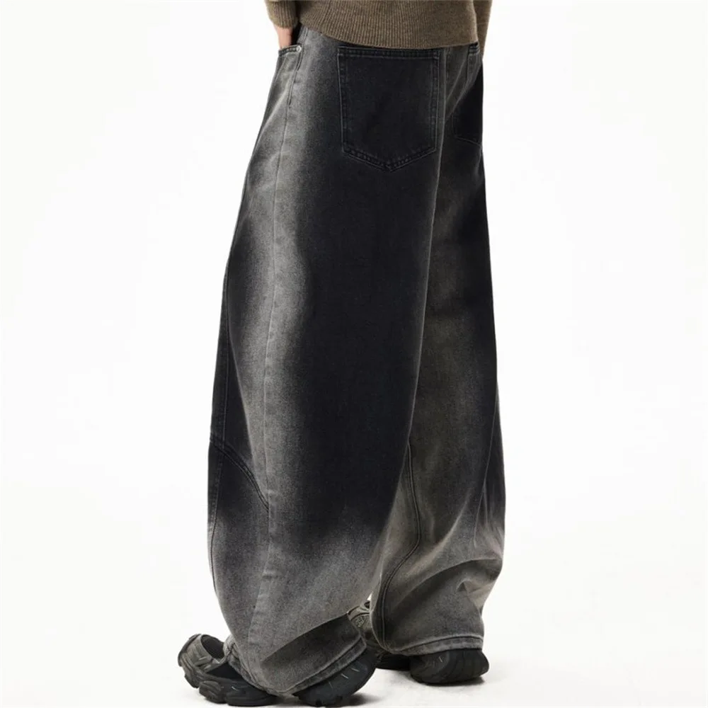 MWJLPWQ American High Street Gradient Washed Denim Wide-Leg Pants Men Trendy Deconstructed Design Distressed Loose Jeans 20212