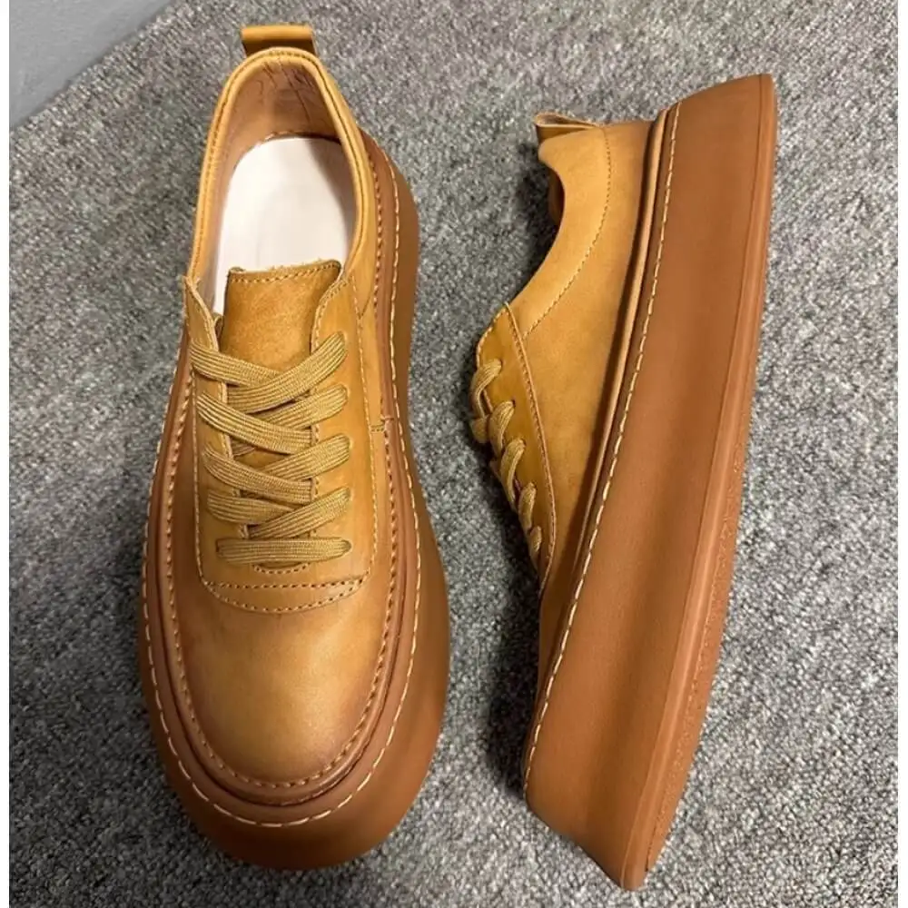 Handcrafted Cognac Leather Retro Platform Sneaker – Premium Comfort, Classic Style for Gentlemen