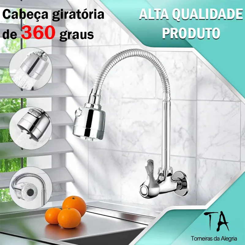 Torneira de Cozinha de Parede em Aço Inoxidável Giratória 360 °   Cor Prata