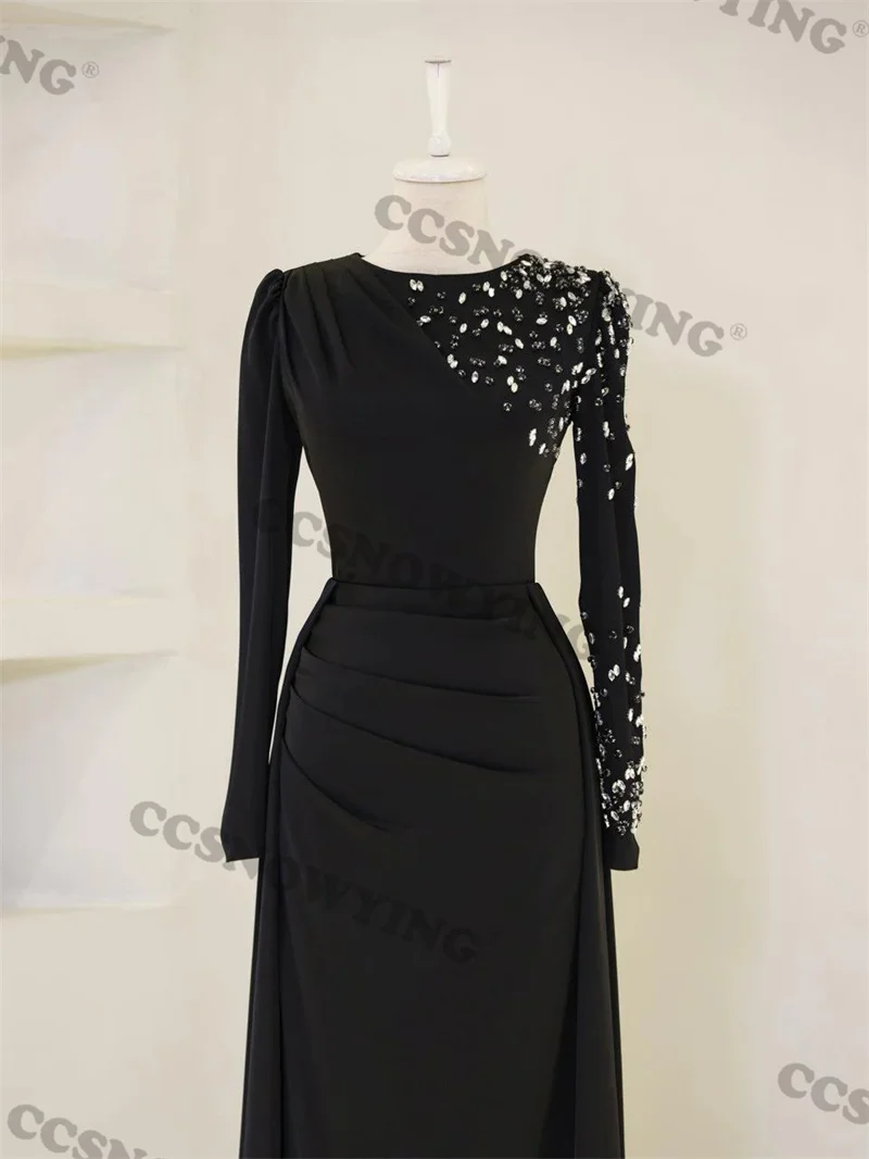 Preto cetim frisado muçulmano vestidos de noite manga longa uma linha islâmica feminino baile formal vestido festa árabe dubai robes de soirée