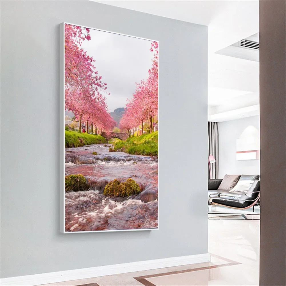 DIY full Diamond Embroidery,Round Diamond Cherry Blossom Creek Landscape Tree Living room decoration rhinestone Diamond painting