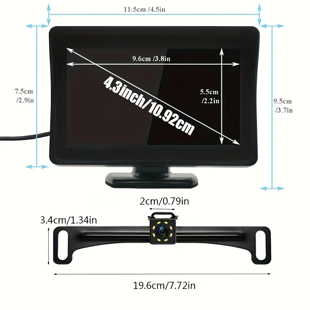 Night Vision 4.3inch Car Rear View System with Backup Camera & License Plate - Easy Hardwired Installation, Fits Most Vehicles