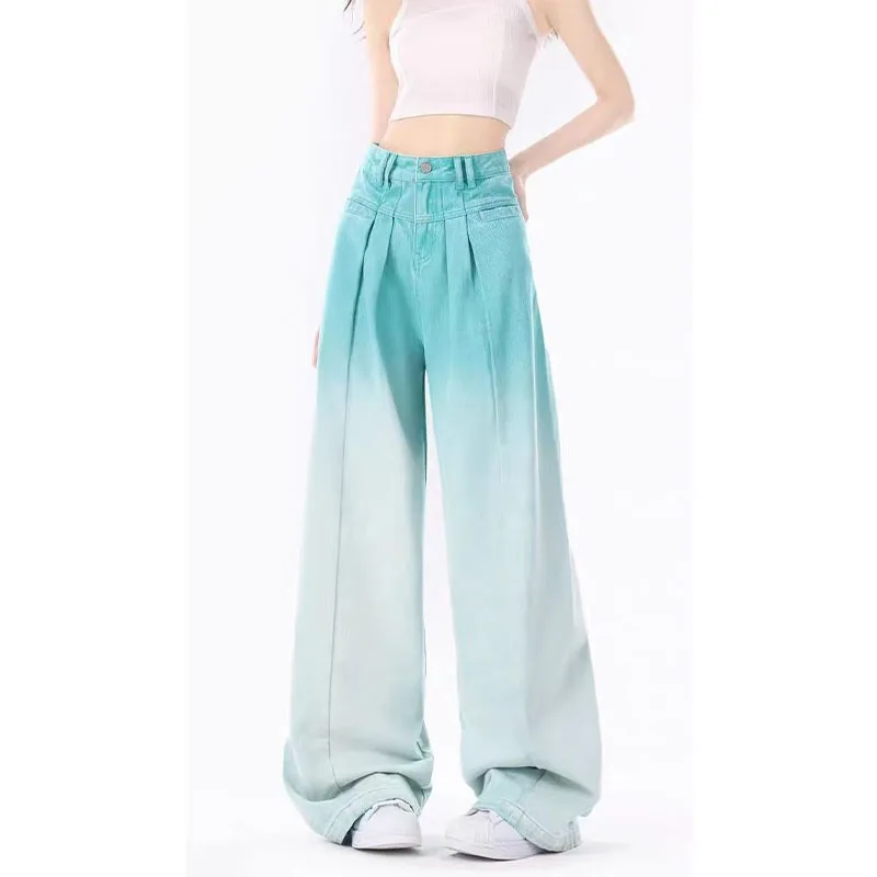 American Dopamine Gradient Green Women Jeans Spring Autumn New Streetwear Fashion High Waist Loose Straight Wide Leg Denim Pants