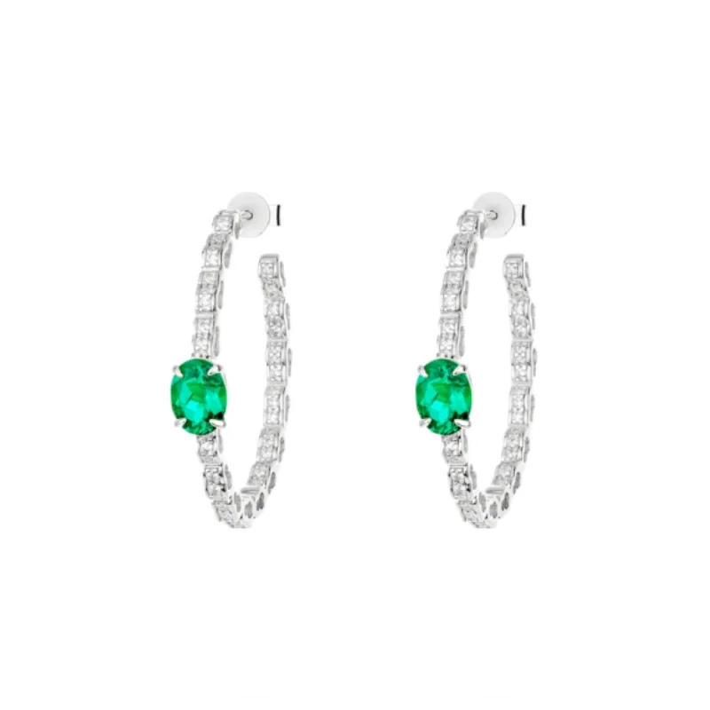 

BELLUX Jewelry 925 Silver Synthetic Zircon Earrings Green Oval Emerald White Diamond Light Luxury Versatile Earring Hoops