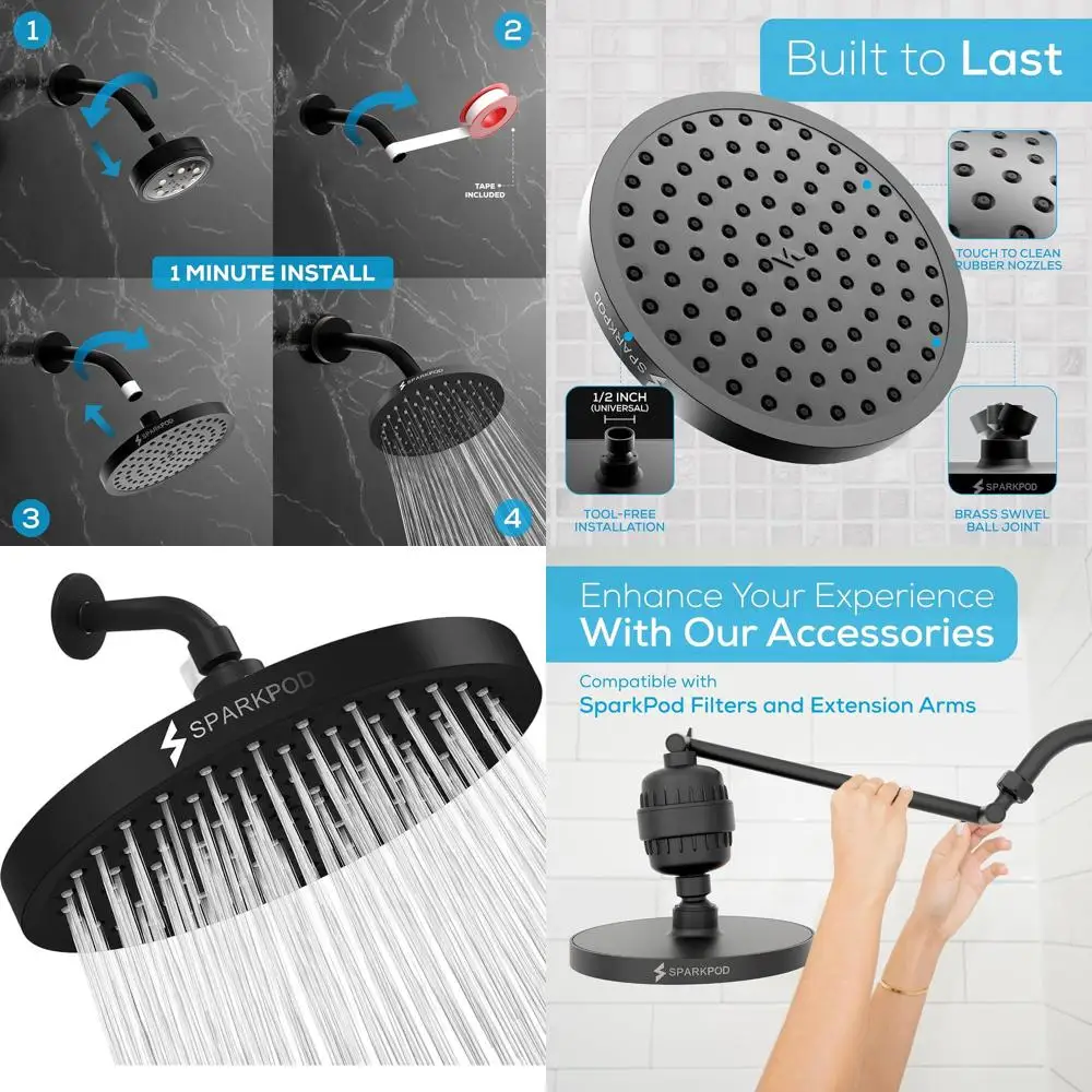 

Роскошная круглая матовая черная душевая лейка с 8 режимами для легкой очистки и регулируемой заменой в вашей ванной комнате