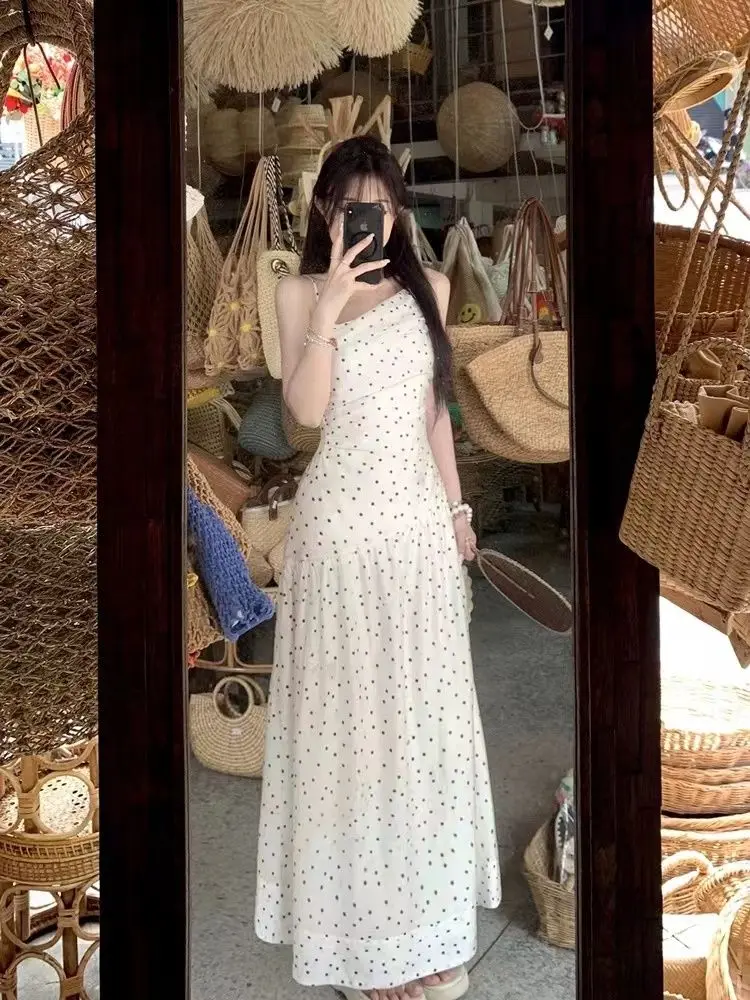 2024 Summer New French Gentle Style Elegance Slimming Wave Dot Printed Oblique Shoulder Suspended Dress for Women