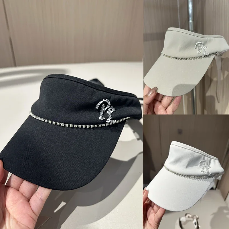 New Sports Golf Cap Women Diamonds Bead Empty Top Hat Korean Style Sunscreen Sun Visor Bowknot Outdoor Caps for Ladies