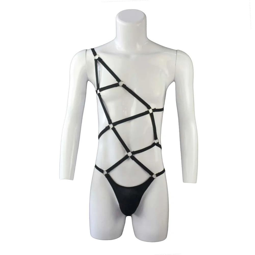 بدلة قفز مثيرة للرجال ملابس ملهى ليلي Leoatrd ملابس داخلية مجوفة بدلة مثيرة حلقة مثلي الجنس متعة ضبط عبودية قفص كامل الجسم