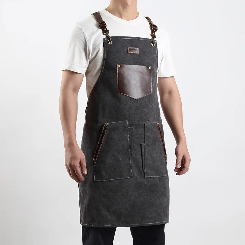 Thick Canvas Apron Leather Pocket For Tools Carpentry Gardening Work Multifunctional Outdoor Barbecue Cleaning Uniform Apron