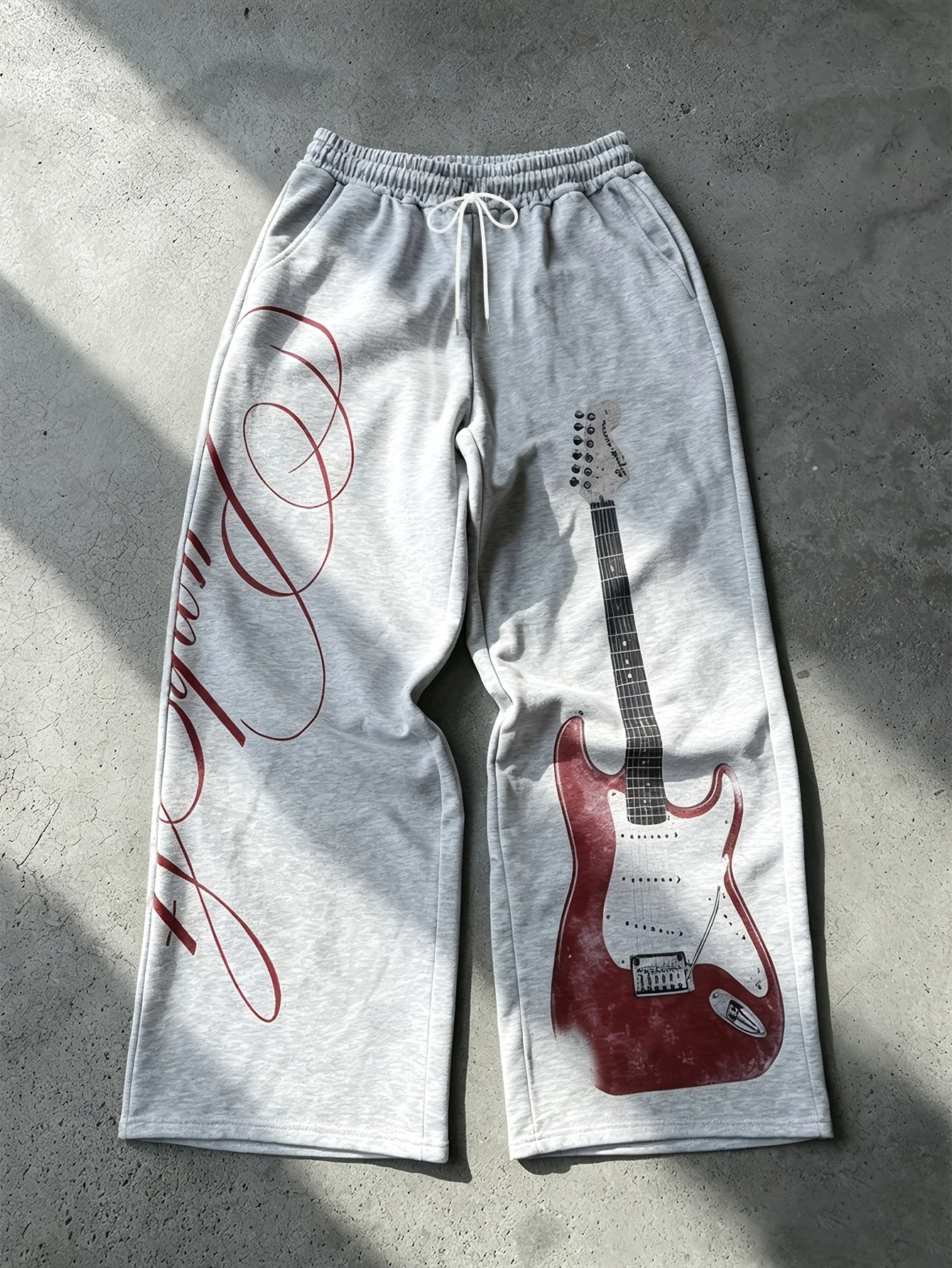 Damen-Sweatpants im Retro-Rock-Stil mit weitem Bein, Vintage-E-Gitarren-Print, elastischer Kordelzug, lockere, lässige Street-Hose, Kinder – Detail 7