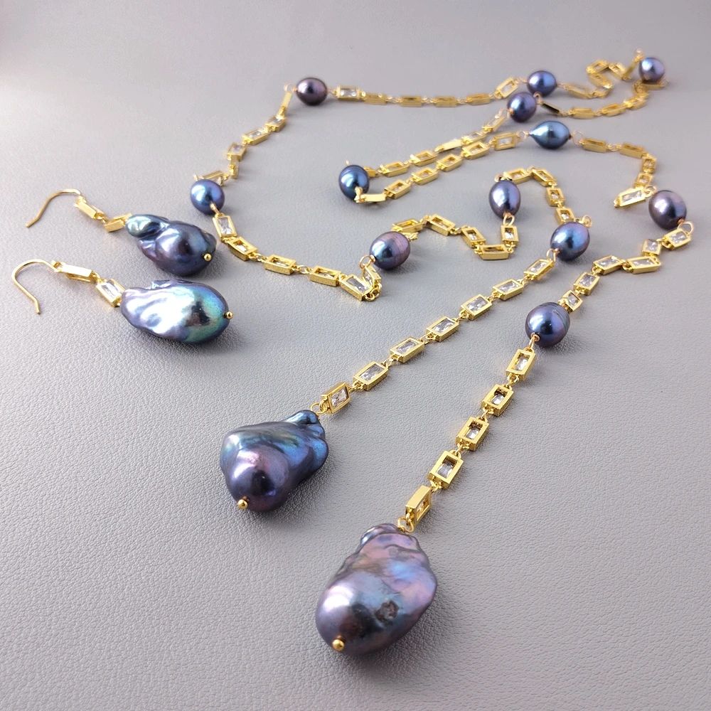 Black Baroque Pearl Rice Pearl Long Lariat Necklace Hook Earrings Set Women