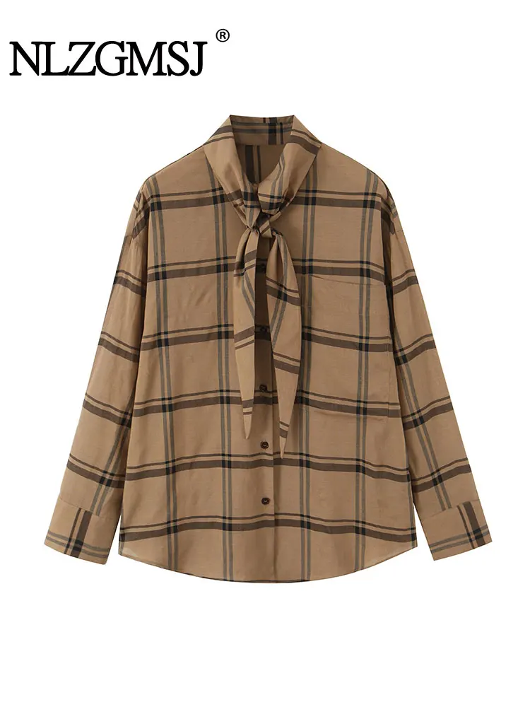 

NLZGMSJ Vintage Casual Women Blouse Grid Scarf Collar Single Breasted Long Sleeve Loose Blouse Fashion 2025 Autumn Female Shirts