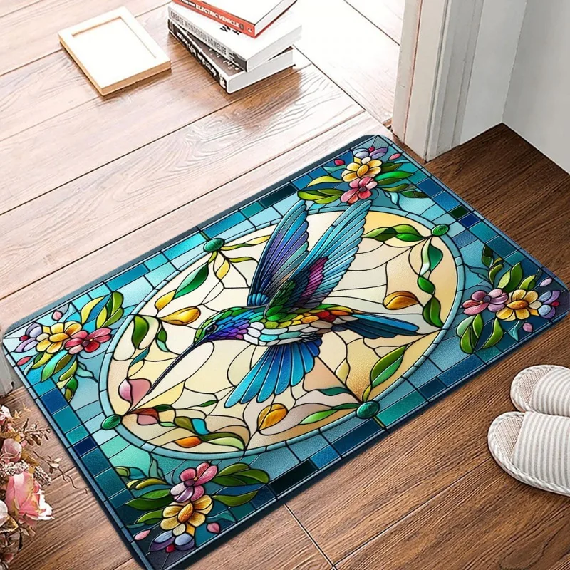 Colorful Glass Hummingbird Non-Slip Doormat Waterproof Entrance Floor Mat Easy Clean Home Decor Durable Indoor or Outdoor Use