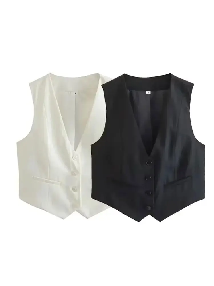 HH Fashion Damska Kamizelka Bez Rękawów Elegancka Kamizelka Damska z Dekoltem w Serek Zapinana na Guziki Białe Eleganckie Top Bez Rękawów