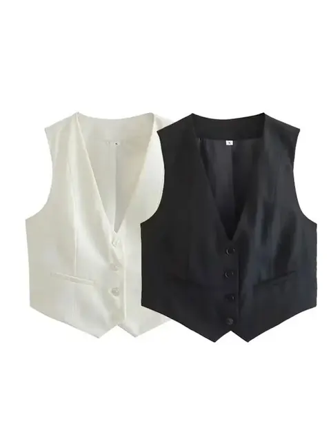 HH Fashion Damska Kamizelka Bez Rękawów Elegancka Kamizelka Damska z Dekoltem w Serek Zapinana na Guziki Białe Eleganckie Top Bez Rękawów