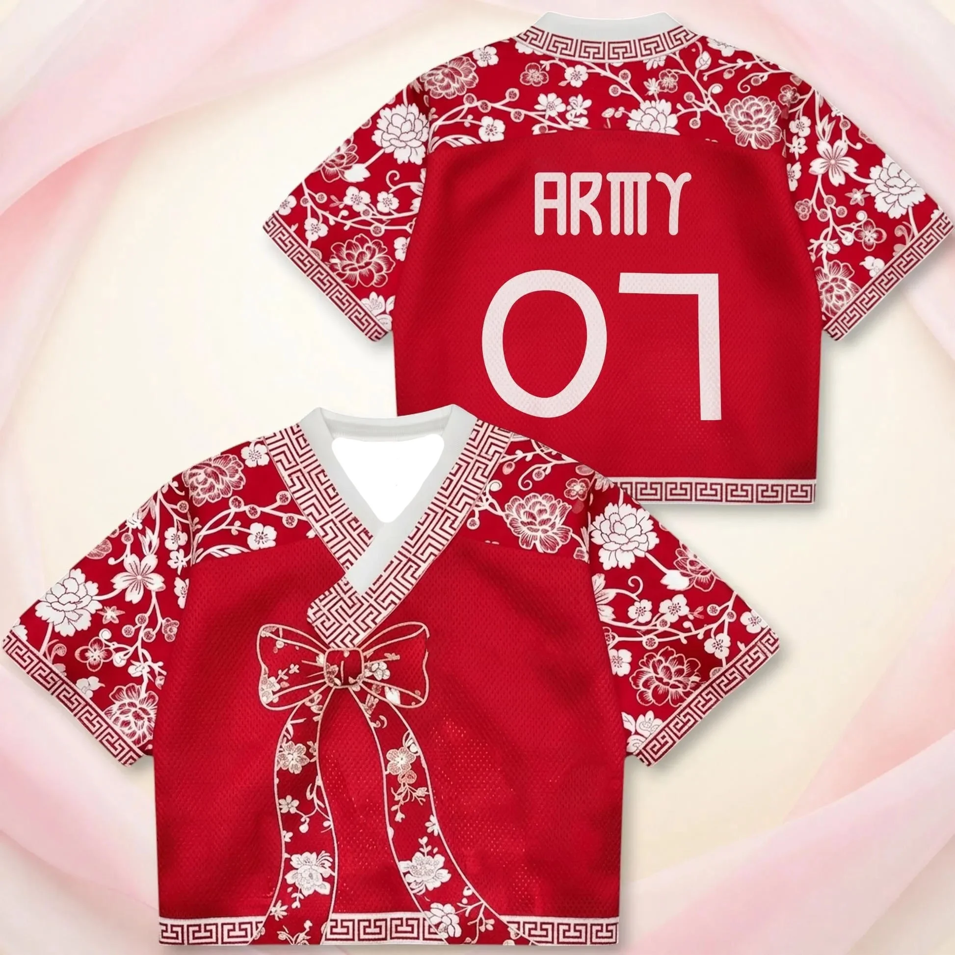 2026 Kpop New Hanbok‑Inspired Cropped V‑Neck Fan Jersey Peony Floral Bow Print Back Name Number Short Sleeve Top FamilyMatching