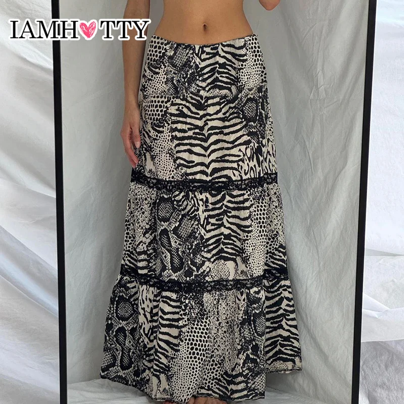 IAMHOTTY Vintage Zebra Print A-line Skirt for Holiday Party Contrast Lace Patchwork Long Skirts Boho Aesthetic Streetwear Y2K