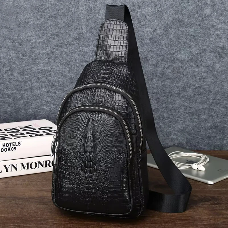 

Black Crocodile Pattern 100% Genuine Leather Crossbody Bag For Men Shoulder Bag Casual Chest Bag