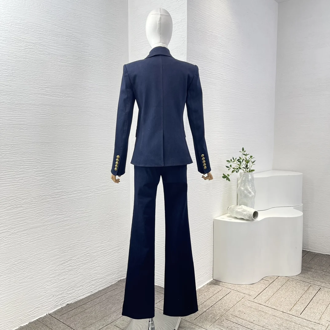 2024 Spring Autumn New Simple Dark Blue Suit Metal Button Coat Mop Bell Bottoms