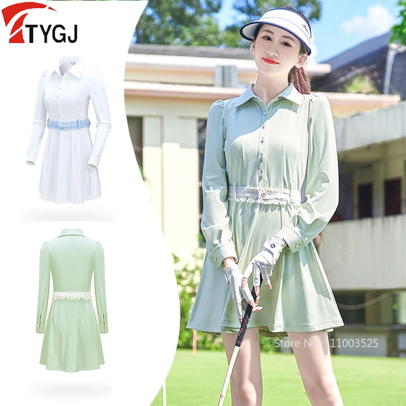 

TTYGJ New Golf Tennis Dress Ladies Autumn Spring Long Sleeve Dress Ladies Workout Quick Dry Skirts with Short Lace A-lined Skort