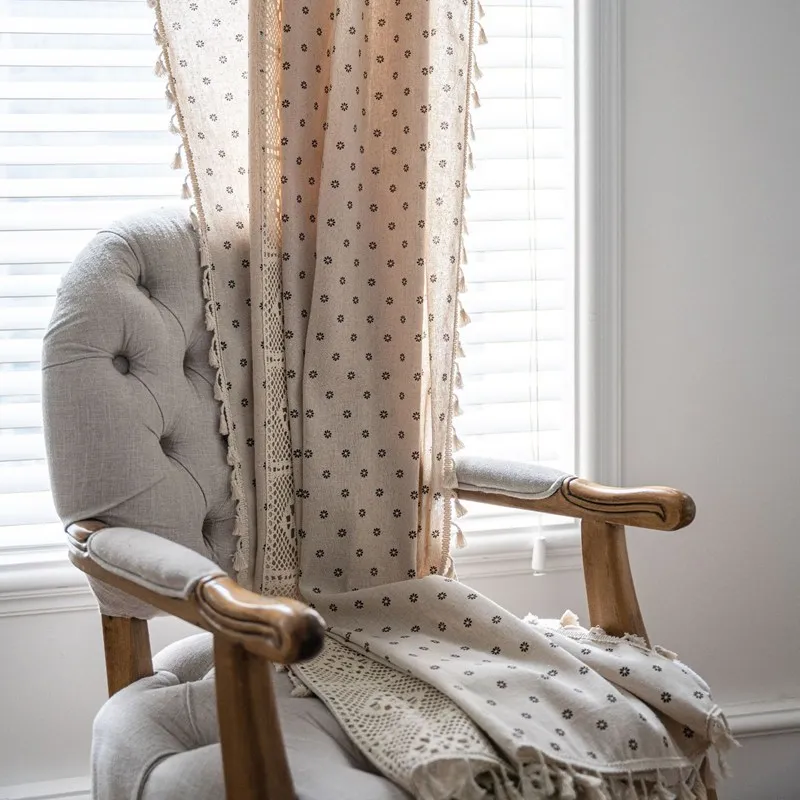 American Rural Curtains Coffee Chrysanthemum Finished Curtains Printed Cutout Splice Kitchen Drape Semi-Shading Curtain Tassels