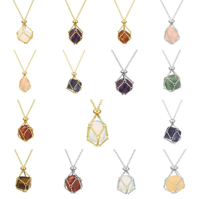 10pc Design Stone Crystal Stainless Steel Cage Holder Net Necklace Metal Chain Collecting Adjustable Pendant Jewelry