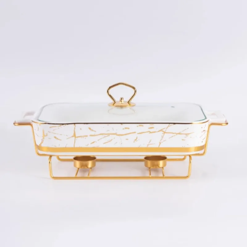 rectangular binaural ceramic pot, baking tray tableware, light heat heating, hotel dry soup pot, creative pot rack with candles