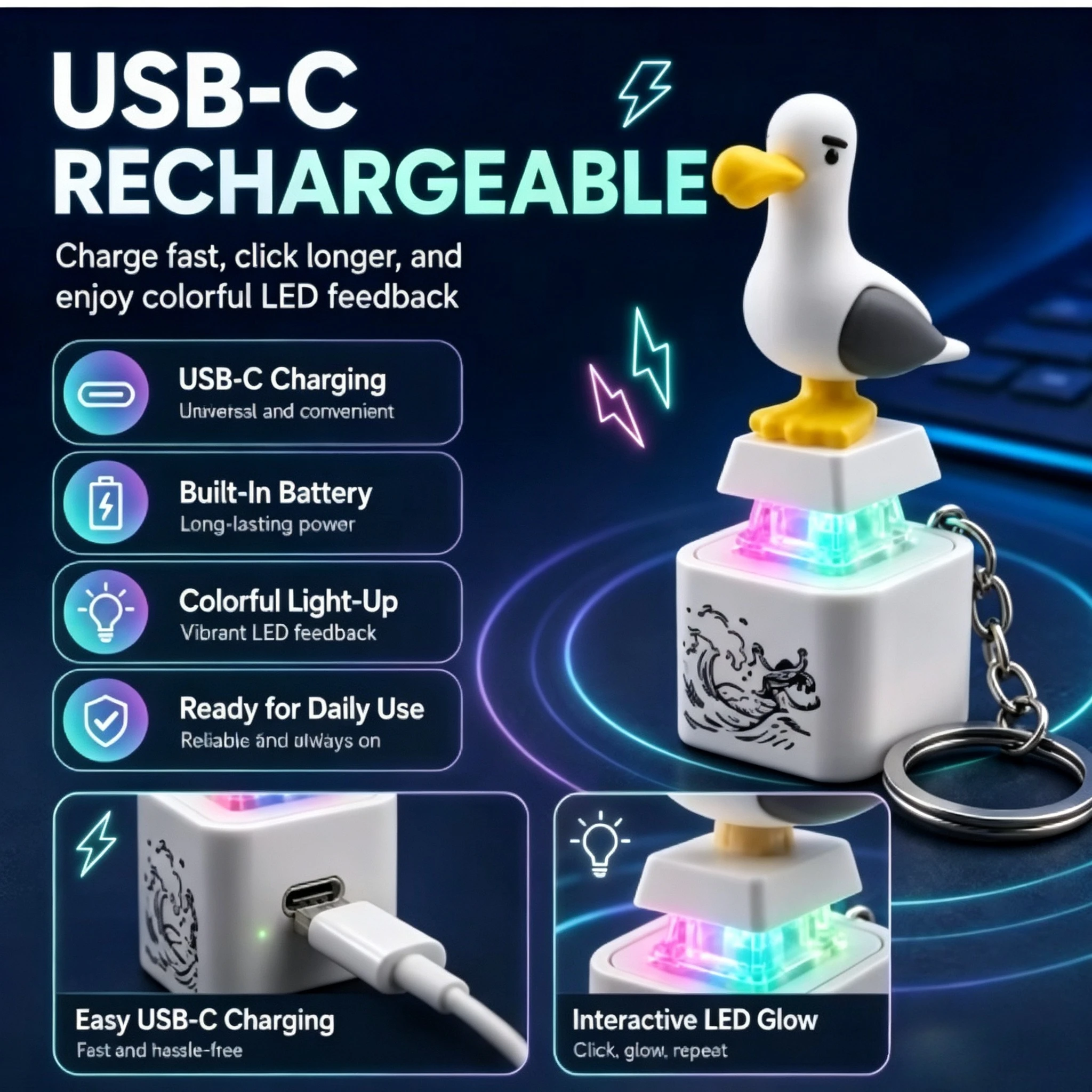 Chaveiro Seagull Mine, Botão Fidget USB Clicky Keyboard, Chaveiro LED com Som