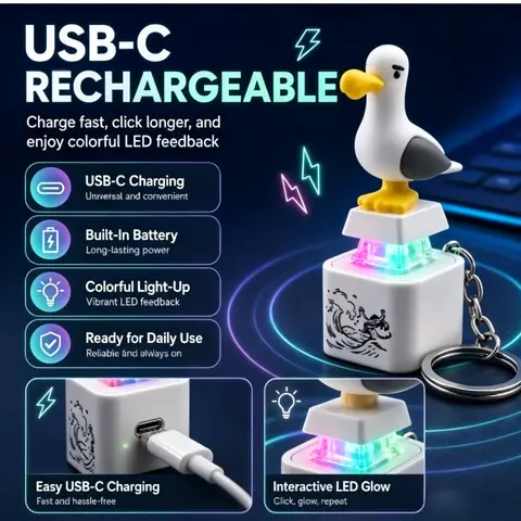**Seagull Mine Keychain, USB Clicky Keyboard Fidget Button, LED Sound Keychain