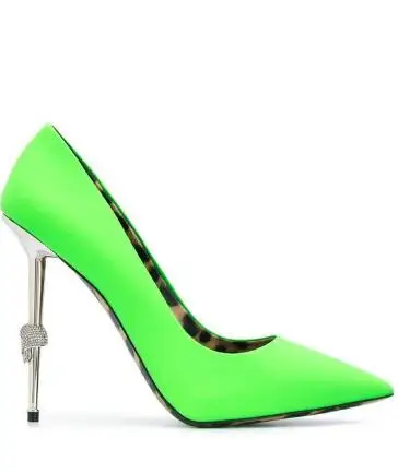 

Green Red Patent Leather Sliver Metal Skull Heels Pumps Sexy Women Yellow Pointed Toe Shallow Slip On Party Dress Shoes Size 43