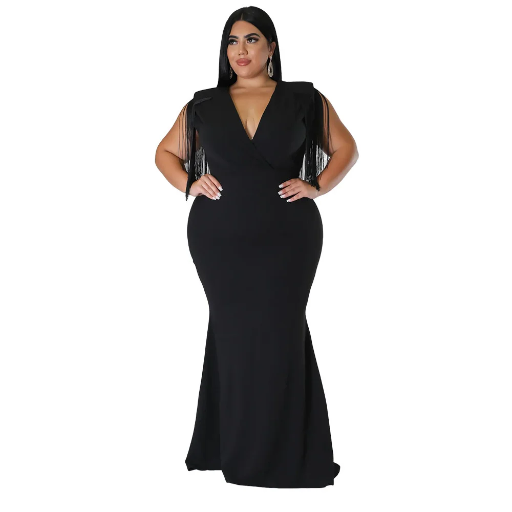 Large Women's Dress New Sexy Tassel V-Neck Long Sleeve Slim Dress 2024 New Plus Size Wedding Party Elegant Dresses For Female