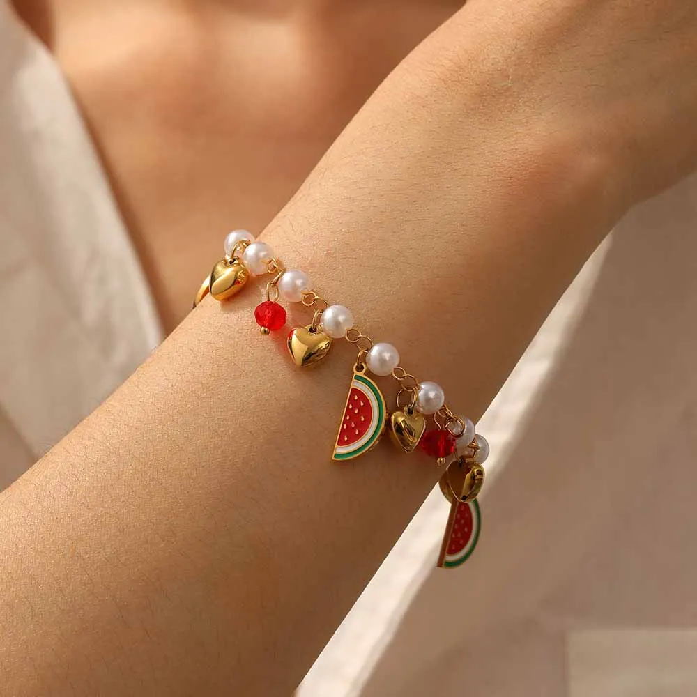 

MEYRROYU 316 Stainless Steel Red Drip Watermelon Heart Cherry Strawberry Pearl Beaded Bracelet Lady Classic Wrist Chain Jewelry