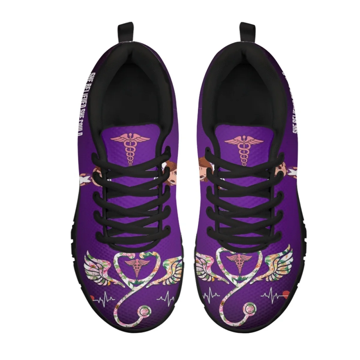 INSTANTARTS Kawaii Nurse Girls Medical Assistance Purple Pattern Lightweight Flat Shoes for Women Casual Nurse Sneakers Custom