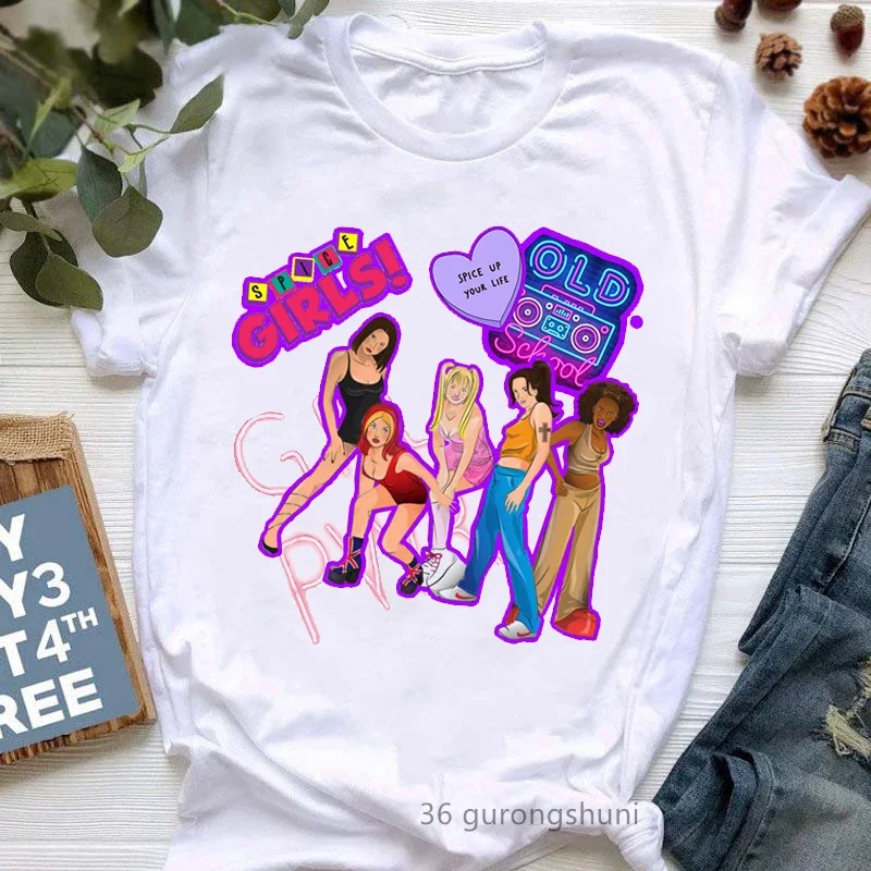 Fajna Spice Girls koszulka damska T-Shirt panieńskie topy nadruk liter koszulka z nadrukiem Femme Streetwear z lat 90.