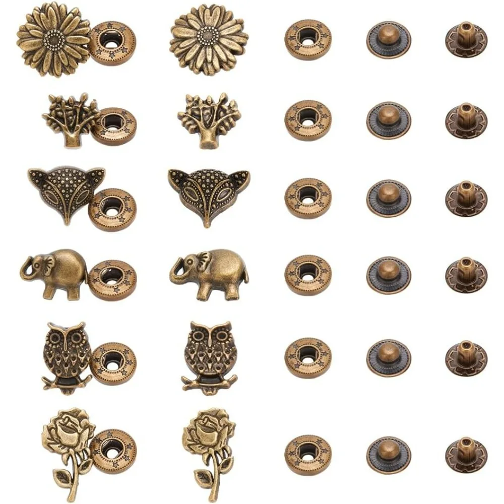 30 Sets 6 Styles Brass Snap Button No-Sew Removable Metal Jeans Button Replacement Repair Buttons Vintage Press Snap Button