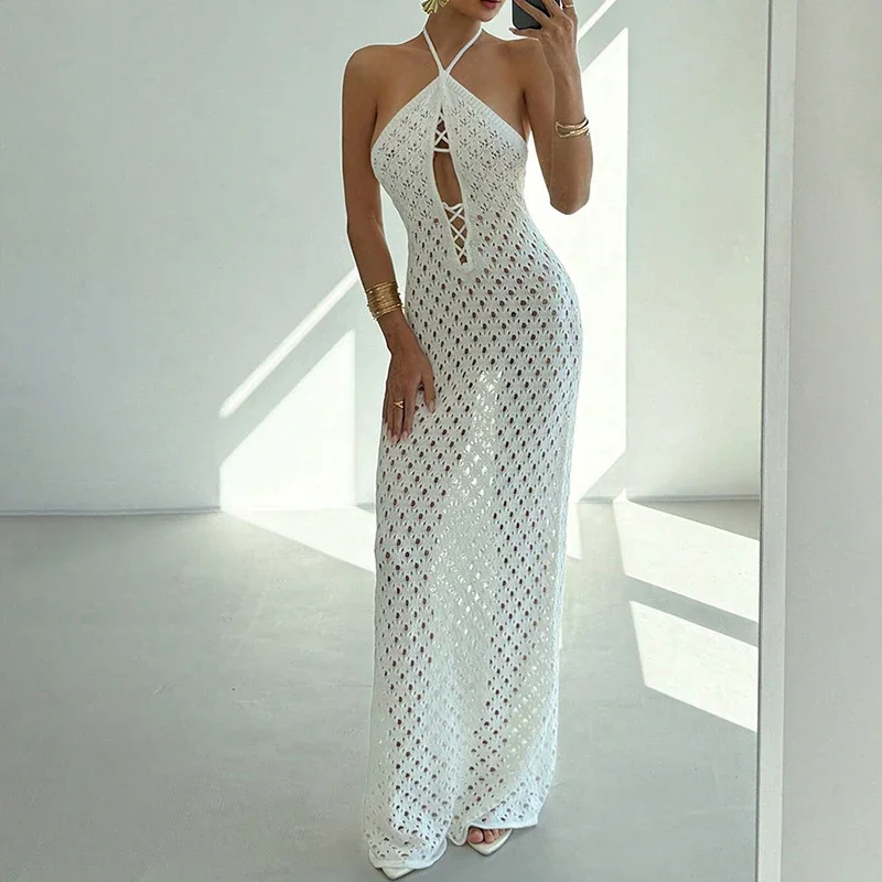 ชุดคลุมบิกินี่แบบสบายๆ สำหรับผู้หญิง ชุดเดรสเซ็กซี่ซีทรูเปิดหลัง ชุดเดรสสำหรับวันหยุดพักผ่อน แฟชั่นฤดูร้อน ชุดเดรสชายหาดถักแบบโปร่ง