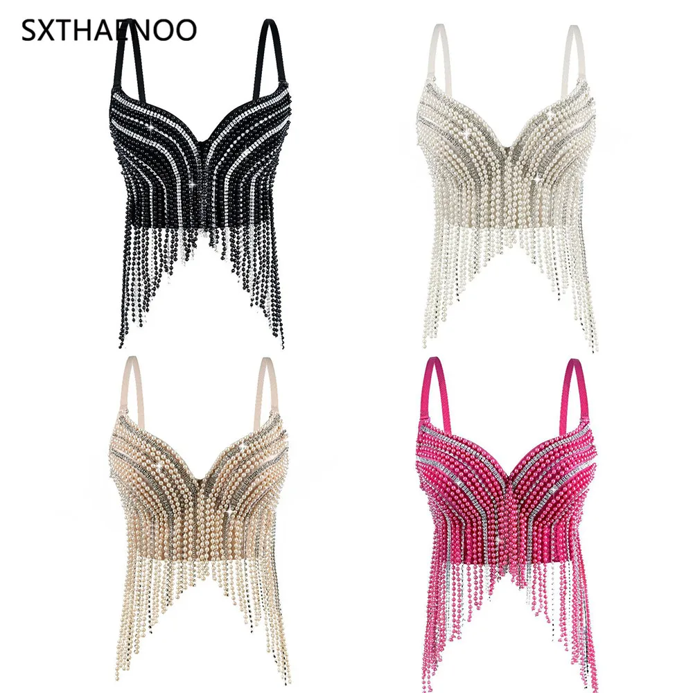 

SXTHAENOO 2025 Pearl Diamond Chain Tassels Women's Corset Sexy Girls' Bustier Fashion Cropped Top Camisole High Street Clothes