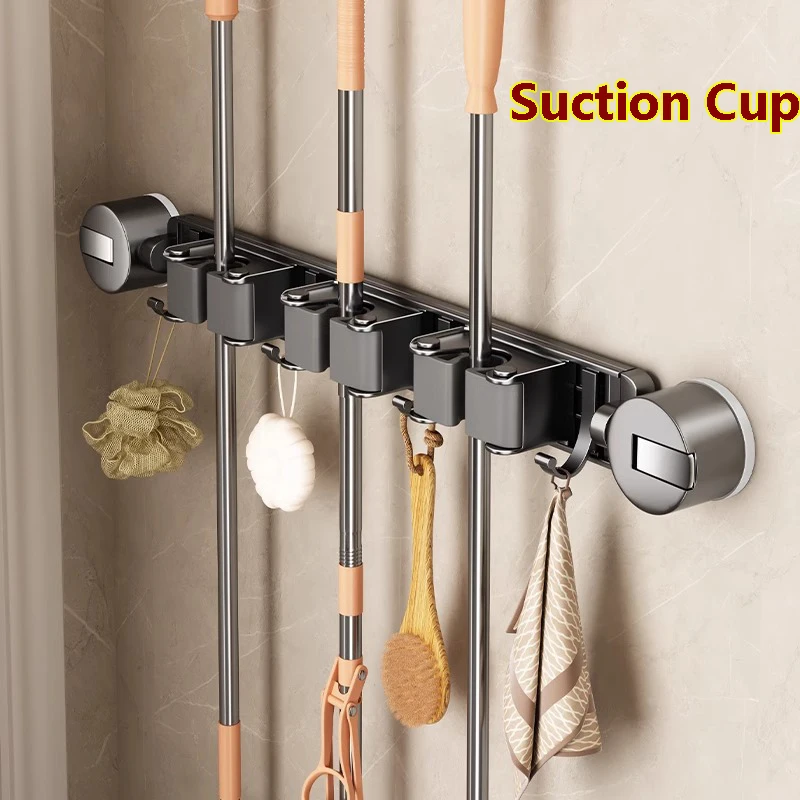 Suction Cup Mop and Broom Organizer 5 Racks and 4 Hooks Mop Broom Holder Wall Stand Gripper Wall Mount Sliding Storage Shelves