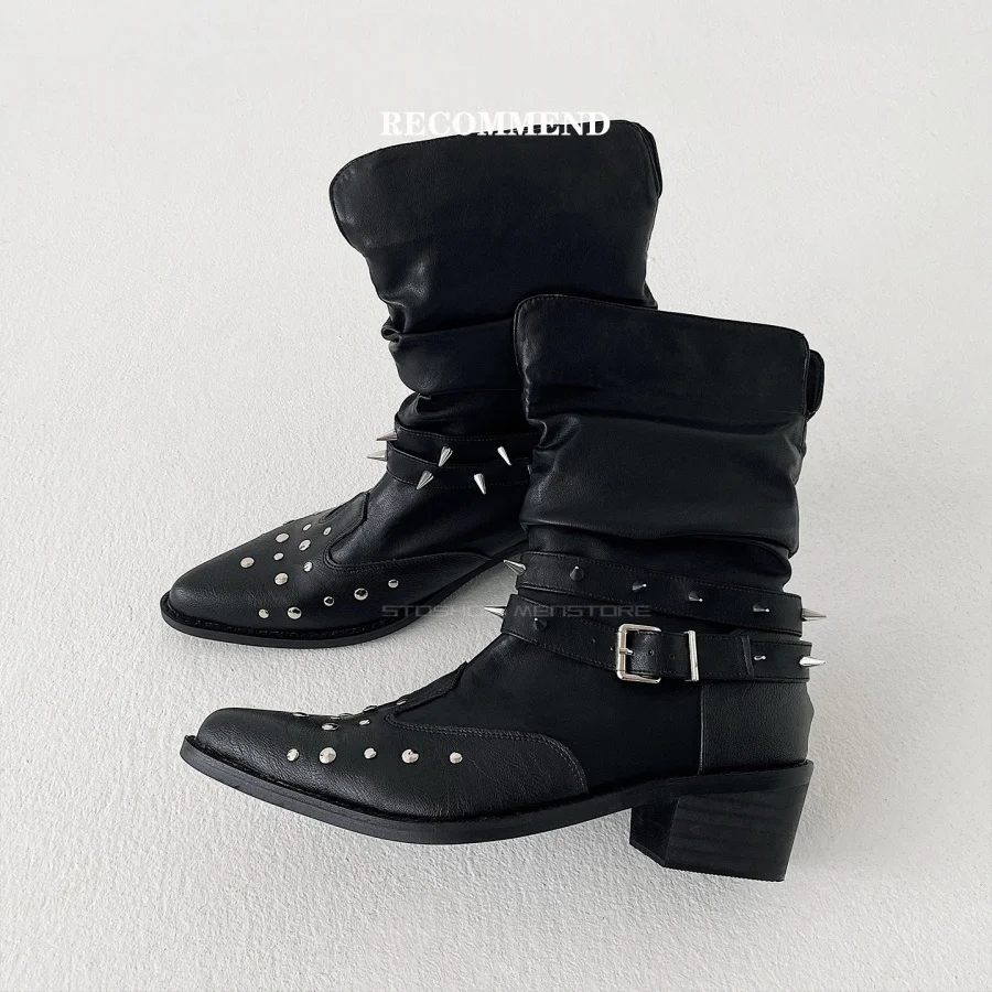 Unisex Slim Fit Leather Pointed Toe Rivet Chunky Heel Western Boots Wolf Toothed Decorated Men's Short Ankle Knight Boots