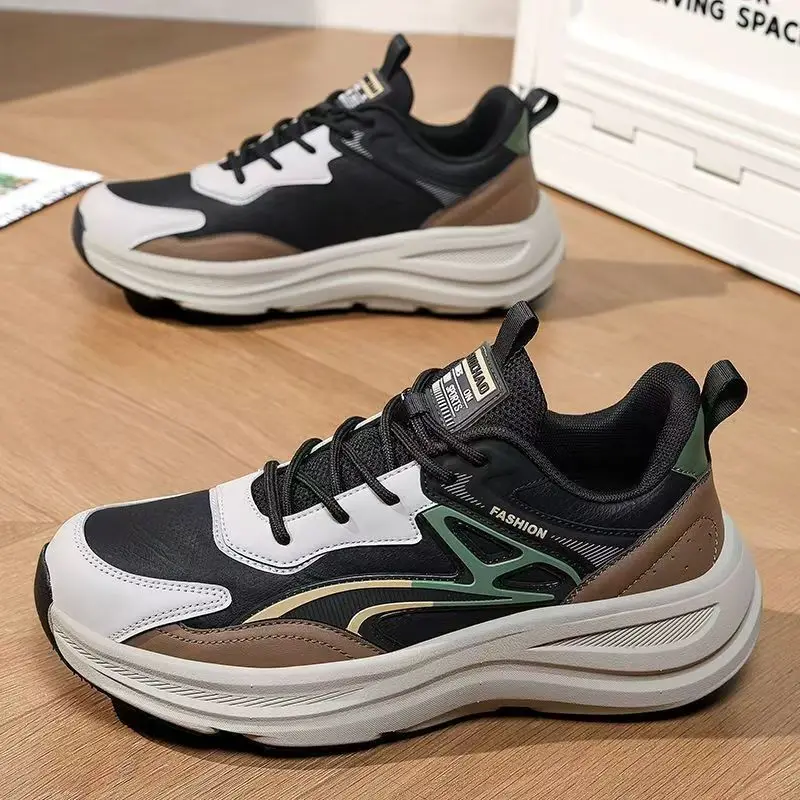 

Men's Spring Autumn Leather Casual Sneakers Thick Sole Non Slip Round Toe Lace Up Lightweight Waterproof Outdoor Running Shoes