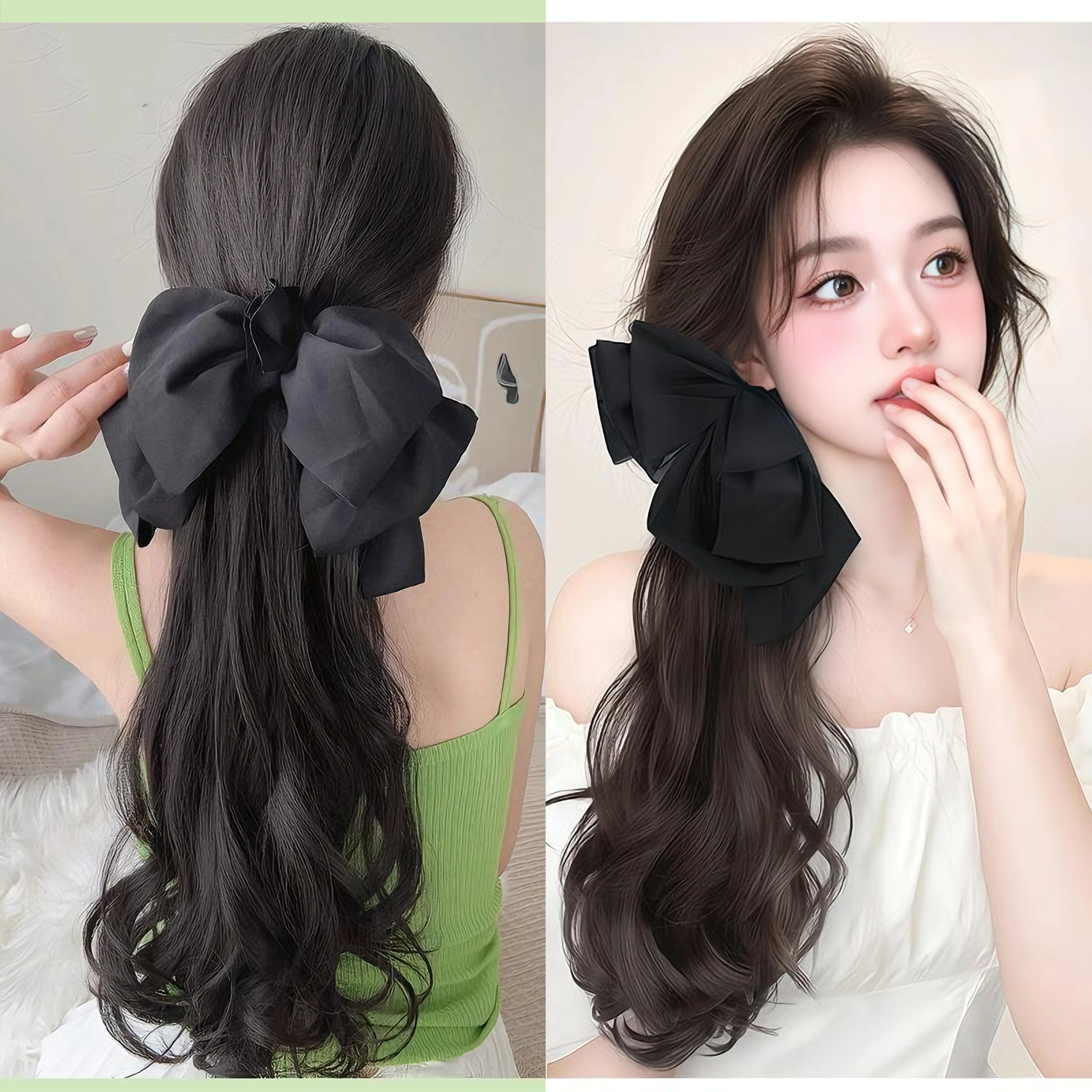 حزام على/مخلب كليب نمط 14/18/22 بوصة الاصطناعية طويلة متموجة مجعد ذيل حصان مع القوس الحلو شعر مستعار تمديد للتصفيف اليومي