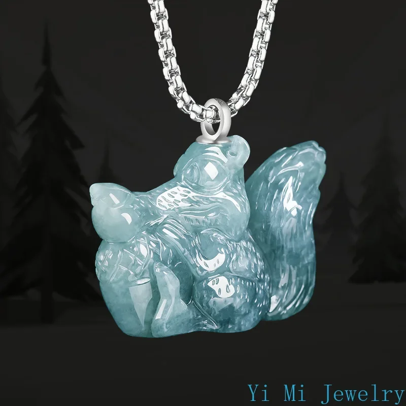 Natural A-goods Jadeite Blue Water Small Squirrel Cartoon Pendant Jade Men Women Fashionable Cute Beads Treasure Jade Necklace